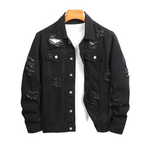 Chaqueta Vaquera Negra Desgastada para Hombre, Abrigo de Mezclilla Rasgada, Ajuste Entallado, Ropa Exterior de Algodón, Moda Urbana, Estilo Camionero Informal - Product Image 6