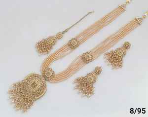 Joyería de mujer más de moda para la función de boda india CZ piedra tachonada con perla trabajo collar largo conjunto pendientes Mangtika conjunto - Product Image 3