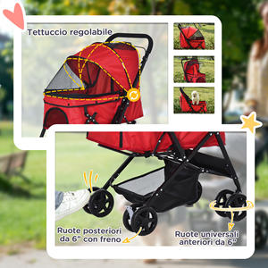 Poussette pliable PawHut pour petits chiens avec poignée pivotante et roues avec freins, 76.5x52x95cm, rouge - Product Image 6