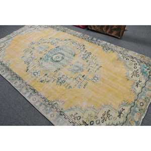 Tapis vintage, grand tapis de 5,3 x 9,6 pieds, tapis en laine jaune et bleu - Product Image 4