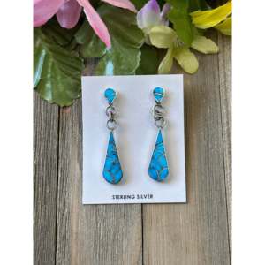 Zuni Handmade Kingman Turquoise Sterling <b>Silver</b> Inlay Drop <b>Dangle</b> Post <b>Earrings</b> - Product Image 1