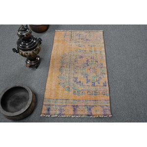 Vintage 2 X 3.5ft jaune bleu Patchwork laine tapis à la main turc grande surface Latex pour couloir chambre tapis abstrait - Product Image 1