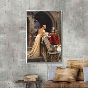 Impresión en lienzo de romance medieval encantador, escena de caballero y dama en el castillo, con marco blanco - Product Image 1