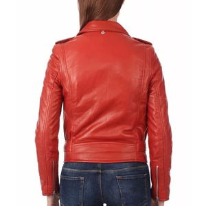 Chaqueta de cuero de piel de cordero roja para mujer auténtica 100%, moda de motociclista ajustada con características transpirables - Product Image 3