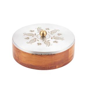 Finest Quality Acacia Wooden Made Round Shape Chapati Storage Container With Silver Color Metal Unique Designer Top <b>Lid</b> & Tong - Product Image 2
