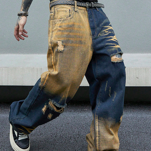 Tie Dye Style Casual Embroidered Splice Color Front Pocket Slim Fit Summer Coated Mid Waist <b>Flare</b> Leg Zipper <b>Jeans</b> Pants <b>Men's</b> - Product Image 1