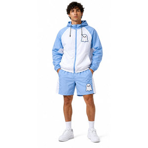 Conjunto de pantalones cortos cortavientos con capucha y cremallera para hombre, estampado de fantasmas de dibujos animados, azul, blanco, de secado rápido, ropa informal de verano para exteriores - Product Image 3