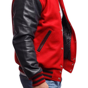Veste universitaire unisexe personnalisée rouge en toile avec manches noires vintage, taille plus, col montant, poignets élégants, veste d'hiver respirante - Product Image 5