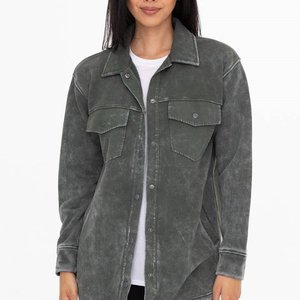 Veste en molleton en denim vert sauge pour femmes, vêtement d'extérieur décontracté avec boutons sur le devant, poche poitrine, poches latérales, teinture unie, style tendance - Product Image 2