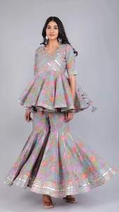 CHAAVI ensemble de robes décontractées bleu coton Sharara demi-manches taille naturelle coupe évasée Sharara robe pour les femmes - Product Image 2