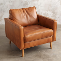 Fauteuils d'appoint rembourrés en cuir véritable, fauteuil d'appoint à accoudoirs, brun clair, style moderne du milieu du siècle, fauteuil de lecture pour salon, chambre à coucher