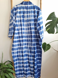Men's Long Cotton Handprinted House Robe Kimono Regal Indigo <b>Blue</b> White Stripes Casual Double Breasted <b>Canvas</b> for Winter Suits - Product Image 5