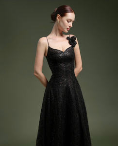 Black Midi Party <b>Dress</b> Timeless Beauty Sparkly Embroidered A Line <b>Dress</b> Perfect for the Sophisticated Lady made in Vietnam - Product Image 1
