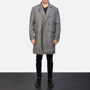 Manteau long Claud gris en laine à double boutonnage avec capuche, boutons, trois poches extérieures, ourlet ouvert, poignets ouverts – Collection Automne/Hiver - Product Image 1