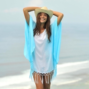 Atractivo precio más bajo 100% tela de rayón Tie Dye Deep V-Neck Poncho con verano playa media manga túnica de encaje para mujeres - Product Image 4