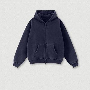 Sweat à capuche pour homme en tissu lourd vintage lavé à l'acide, fermeture éclair, surdimensionné, pour l'hiver, avec motif uni - Product Image 3