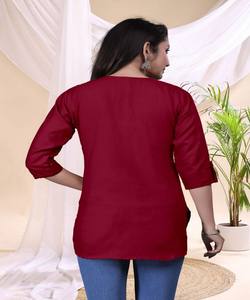 FANCY TESLA COTTON FRONT SIDE BUTTON WORK ONLY <b>TOP</b> DAILY WEAR WHOLESALE PRICE ETHNIC GARMENT <b>MAROON</b> INDIAN STYLE QUICK DRY KURTI - Product Image 2