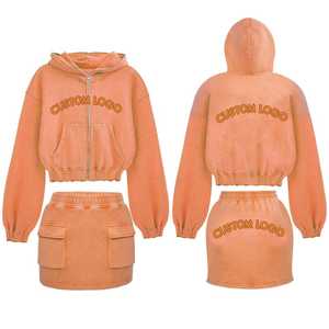 Ensemble deux pièces pour femme avec logo personnalisé, sweat à capuche à manches courtes et jupe, 100% coton, streetwear décontracté et confortable - Product Image 6