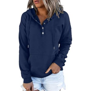 Pull décontracté pour femme Sweat à capuche à manches longues avec col boutonné et cordon de serrage 100% coton pour un usage quotidien - Product Image 1