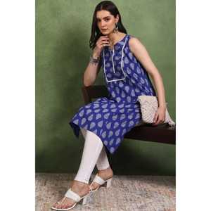 Kurti Corto de Algodón Cambray Azul para Mujer, Corte Regular, Largo hasta la Rodilla, Estampado Floral, Sin Mangas, Cuello con Muescas - Product Image 6