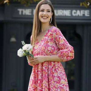 Style Vintage indien femmes 100% coton écologique respirant main bloc imprimé fleuri à la mode décontracté été porter doux Midi - Product Image 1