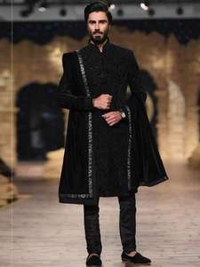 2025 @ Sherwani de brocart noir élégant personnalisé pour homme, pantalon et étole avec perle de verre en cristal ornée, Dabka, Zari Work - Product Image 2
