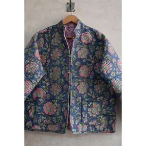 Veste en coton matelassée réversible écologique tissée à la main pour femmes, imprimé floral en blocs, manches longues, vêtements d'extérieur d'hiver, bouton en coton - Product Image 2