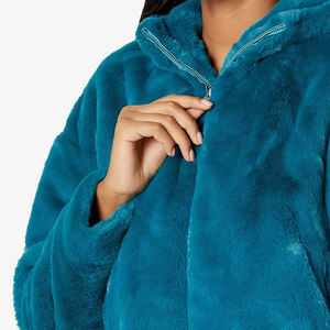 Custom Logo Winter Warm Women's Heavy Faux <b>Fur</b> Lined <b>Hoodie</b> Zipper-up Thick Solid Blue Front Printed Hooded Collar - Product Image 5