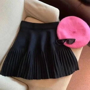 Black Pleated Knit Sweater <b>Skirt</b> High Waist A-line Mini Casual Medium Stretch Solid Color Women's Autumn <b>Winter</b> - Product Image 1