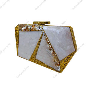 Geometric Panelled Mother of Pearl Clutch with Pearl Crystal Detailing and <b>Gold</b> Tone Frame Luxury <b>Evening</b> Handbag mop <b>bag</b> - Product Image 2