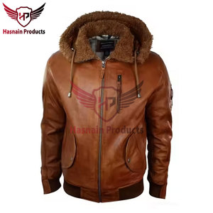 Veste en cuir à capuche Bomber en cuir d'agneau véritable pour hommes de qualité supérieure Manteau en cuir de motard du Pakistan avec capuche détachable Élégant - Product Image 3