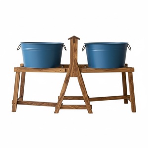 Macetas Metálicas Modernas con Recubrimiento en Polvo Azul y Soporte de Madera de Acacia, para Interiores y Exteriores, Jardín, Decoración del Hogar - Product Image 1