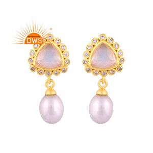 Venta caliente plata esterlina chapado en oro Natural Cz, perla y Arco Iris Luna piedra colgante pendiente Demi joyería fina fabricante - Product Image 1