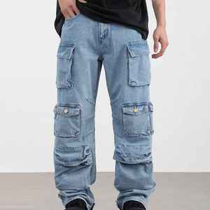 กางเกงยีนส์คาร์โก้ผ้าฝ้ายแบบมีฝาปิดสำหรับผู้ชายกางเกงยีนส์ทรงหลวมโอเวอร์ไซส์สำหรับผู้ชาย - Product Image 2