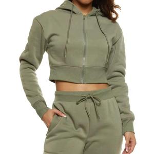 Patch Applique Personnalisé Coton Éponge Française Zip up Lavage à l'Acide Sweat à Capuche Court et Ensemble Deux Pièces Survêtements Vintage pour Femmes - Product Image 6