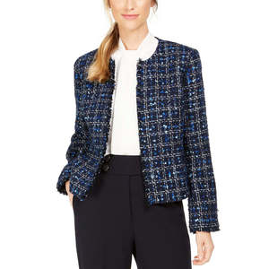 Giacca Reversibile in Tweed Trapuntato Calvin Klein da Donna, Taglia 16, Bomber con Bordi Sfrangiati, Giacca Varsity in Pelle di Pecora per l'Autunno - Product Image 1