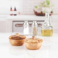 Ensemble de 2 salières tunisiennes en bois d'olivier avec couvercles et 2 cuillères à épices (bois d'abeille)