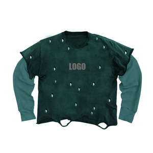 High Quality T-Shirt Heavyweight Cotton Distressed Drop Shoulder <b>Tshirt</b> Boxy 2 in 1 <b>Long</b> Sleeve T Shirt for <b>Men</b> - Product Image 2