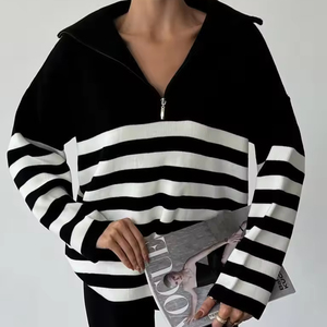 Suéter a rayas informal de gran tamaño para mujer, blusa con solapa y media cremallera, otoño 2024, nuevo suéter largo para mujer, negro - Product Image 1
