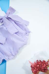 Baby <b>Girl</b> Purple Stripe Romper with Bow Sleeves Horse Embroidery Infant Summer Outfit Sleeveless Bubble Onesie - Product Image 2