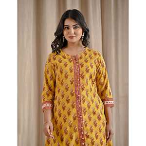 Kurti Amarillo con Estampado Floral, Vestido Tradicional Indio de Algodón y Rayón, Estampado a Mano con Butti Block, para Uso Diario y Fiestas - Product Image 1