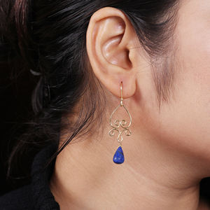 Mode élégante Boucles d'oreilles en argent sterling pur 925 plaqué or Lapis naturel Boucles d'oreilles en pierres précieuses Bijoux fins pour femme OEM - Product Image 2