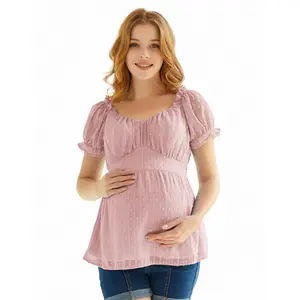 OEM Swiss Dot A-Line Maternity Square Neck Top For Women Short Sleeve