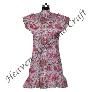 Robe tunique en coton imprimé bloc vêtements d'été indiens pour femmes, Style bohème ethnique, tenue de fête courte en coton - Product Image 5