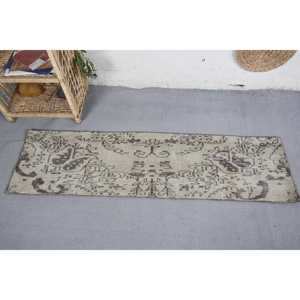 Alfombra de retazos de lana Vintage, respaldo de látex de piel de vaca marrón Beige, técnica Jacquard hecha a mano, pasillo rectangular, tamaño de 1,5x5,4 pies - Product Image 3