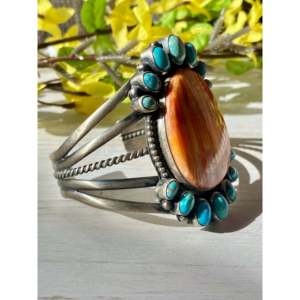 Paul Livingston's Fashion <b>Cuff</b> <b>Bracelet</b> Spiny Oyster & Kingman Turquoise Set in Sterling <b>Silver</b> - Product Image 3