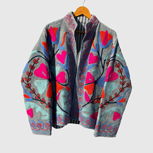 Veste à col mandarin brodée à la main avec motif géométrique, manches longues, style velours, design blouson pour adulte, idéale pour l'automne - Product Image 1