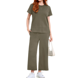 ชุดวอร์มสองชิ้นสำหรับสุภาพสตรีทำจากผ้าฝ้าย100% สีทึบสำหรับฤดูร้อน - Product Image 1