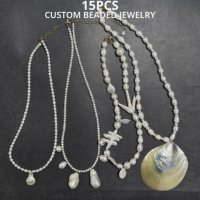 Collier de perles personnalisé en gros, coquillages colorés, perles baroques d'eau douce, bijoux élégants en coquillages et pierres naturelles pour marques de mode