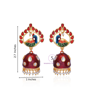 Nueva llegada 2024 Meenakari Pavo Real chapado en oro Jhumkas joyería rojo estampado diseñador pendientes para boda Mehndi Haldi Wear - Product Image 3